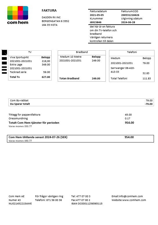 Sweden Com Hem business utility bill template in Word and PDF formats